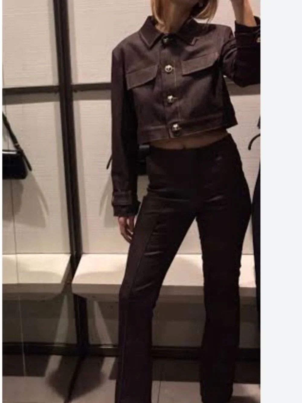 Zara Womens Cropped Jacket Medium Denim Brown Button Front Boxy 1478/390 NWT